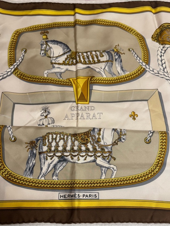 Accessories - Hermès Paris 'Grand Apparat' Silk Scarf - Gold, Cream, Brown
